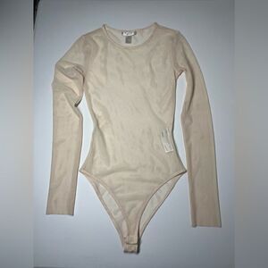 Forever 21 Long Sleeve Beige Mesh Bodysuit Beige Stretchy Lace Top Size S